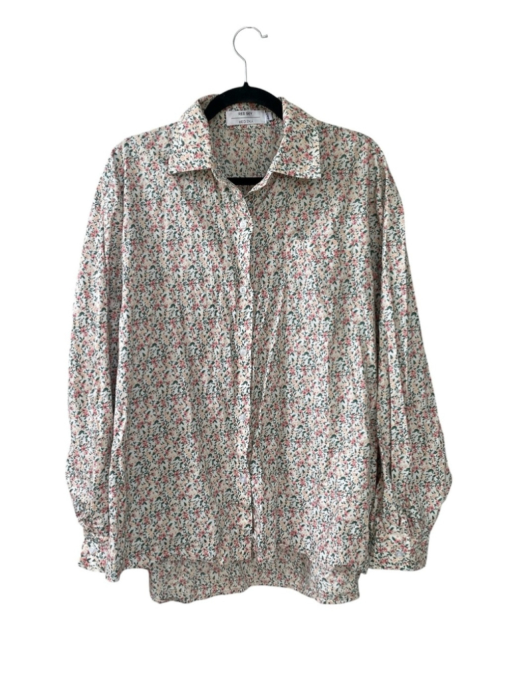 RED SKY Women's Cotton Floral Button-Front Blouse - White Pink & Green Print 2X